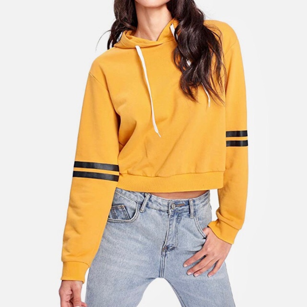 “Make Me Chic" french terry hoodie, crop top w/printed sleeve stripe - jr. sz S